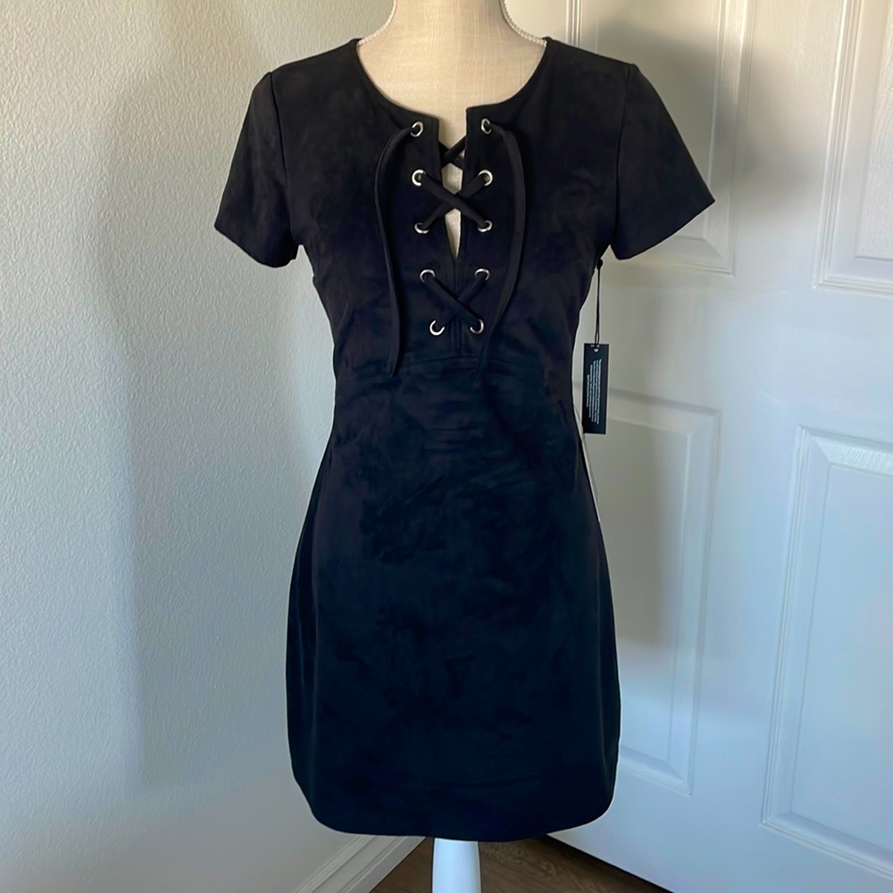 Express black suede lace up dress NWT